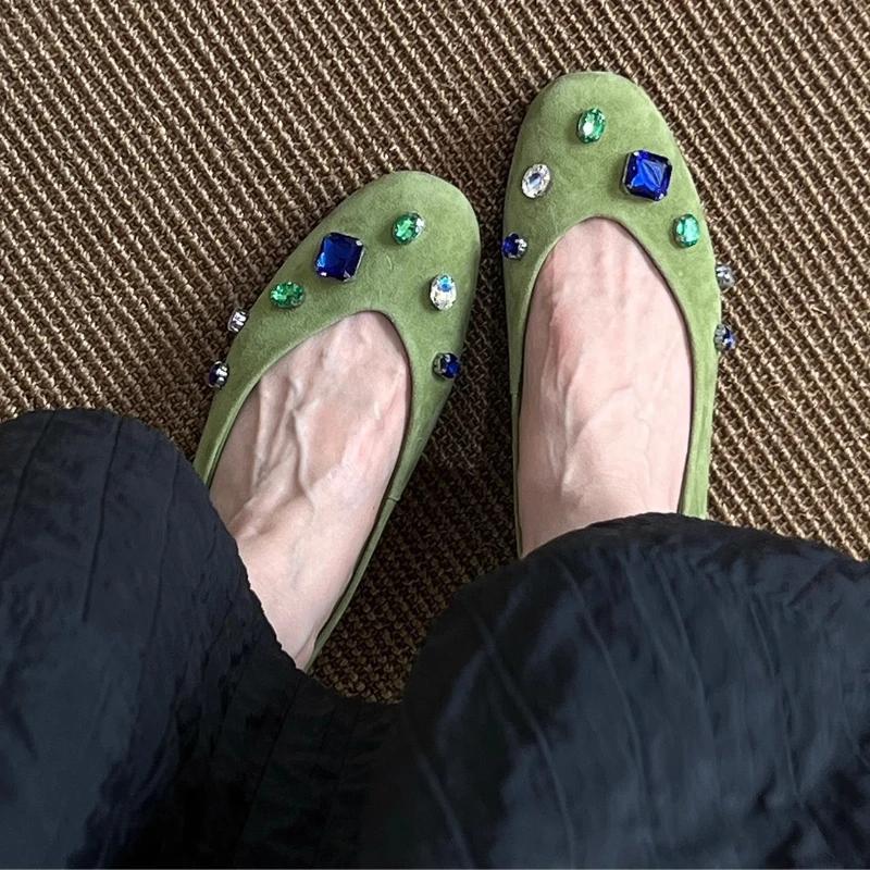Fashion Luxury Colorful Gemstone Flats Women Comfortable Round Toe Shallow Suede Loafers for Ladies Elegant Brand Designer Casual Shoes