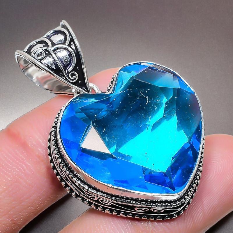 London Blue Topaz Gemstone Handmade 925 Sterling Silver Jewelry Pendant 2.17" AH-789