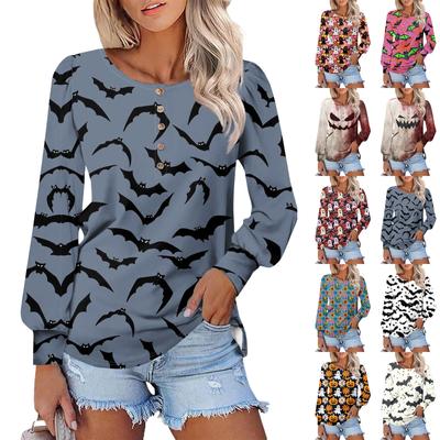 Magliette a Maniche Lunghe Girocollo da Donna Stampa Halloween Camicie a Maniche a Sbuffo Bluse con Bottoni Top
