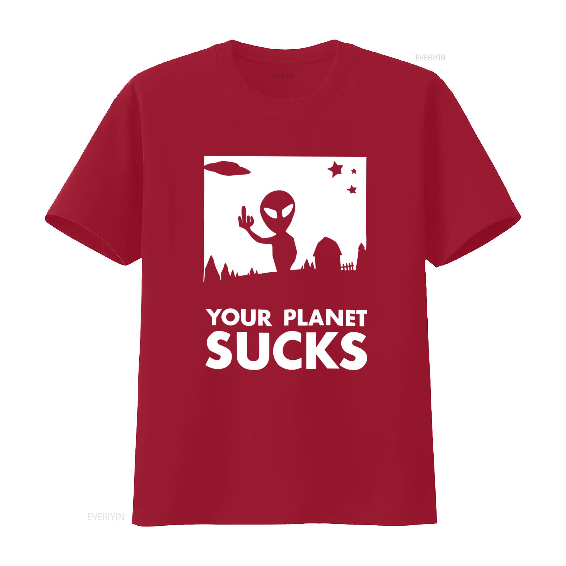 

Mens Your Planet Sucks Alien UFO Print T Shirt Unique Design for Space Lovers vintage Washed graphic streetwear Comfortable S