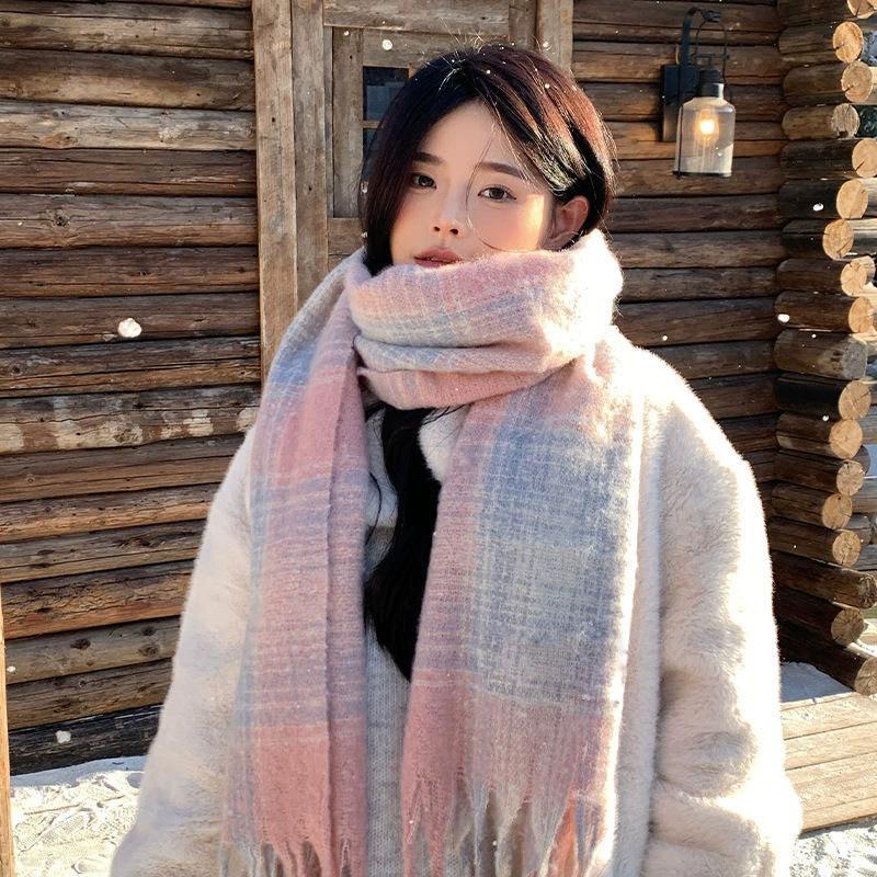 New mohair plaid scarf, versatile in autumn and winter, Korean atmosphere imitation cashmere small version student warm scarf