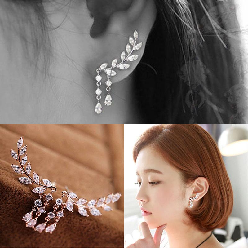 Women Gold Silver  Zircon Leaves Tassel Ear Stud Earrings Jewelry