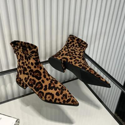 Stivali da Donna 2024 Nuovi Stivaletti alla Caviglia con Tacco a Stiletto Primavera Stampa Leopardata alla Moda Cerniera Laterale Taglia Grande Tacco Medio Stivaletti alla Caviglia