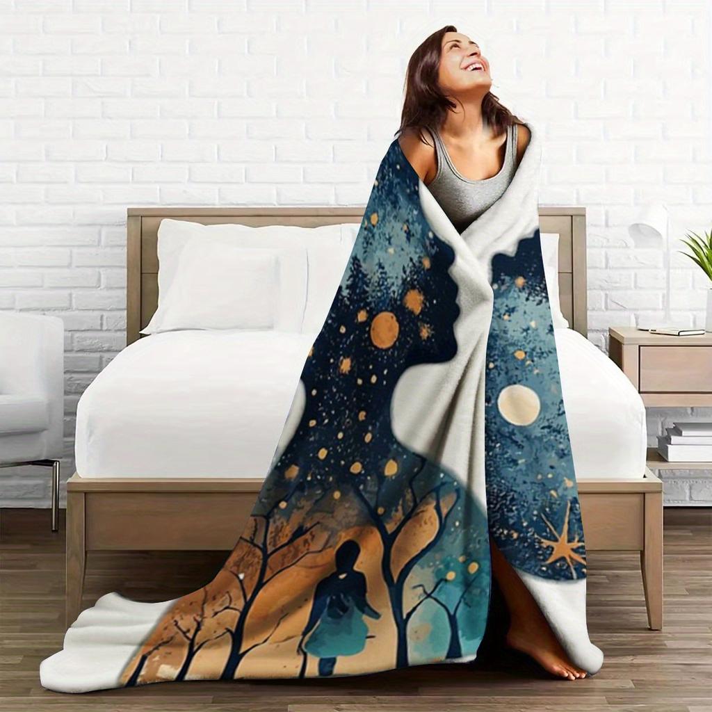Ganzjahres-Kuschel-Flanell-Decke mit Sternenhimmel & Mond-Design - Weich, Maschinenwaschbar, Perfekt zum Nickerchen, Sofa, Bett oder Unterwegs
