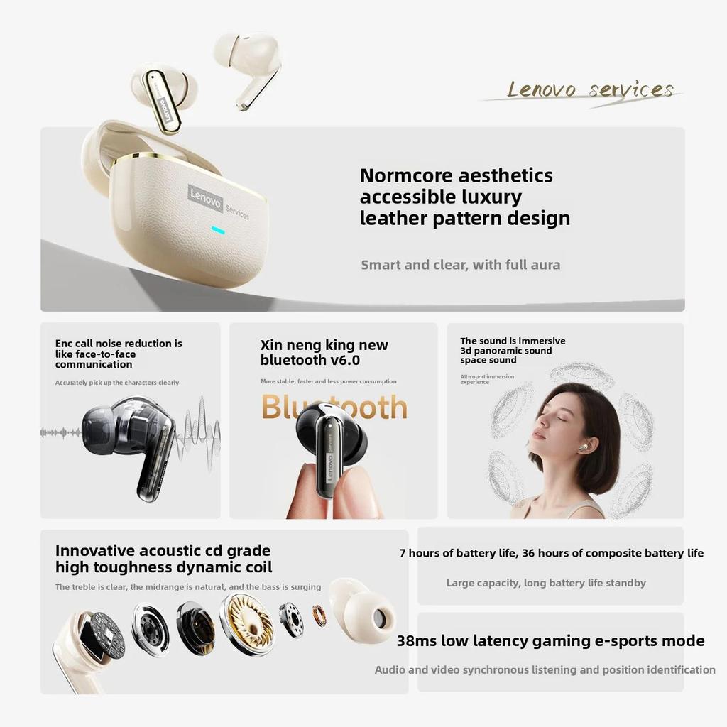Lenovo LE208 TWS Bluetooth 6.0 Wireless Earphones Stereo ENC Noise Cancelling Headphone 38ms Low Latency Gaming Headset With Mic