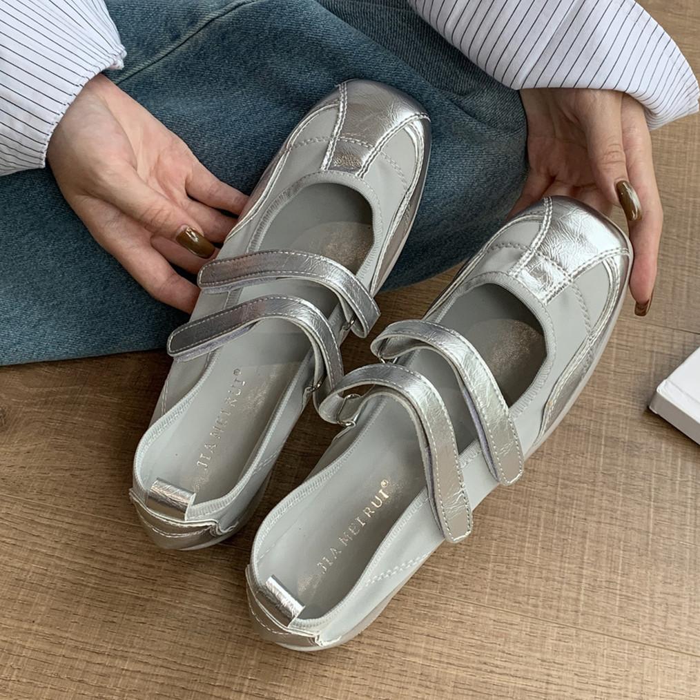 

IPPEUM Silver Ballerina Sneakers Flat Shoes Mary Janes Shoes 2025 New Microfiber Leather Women Ballet Flats 225