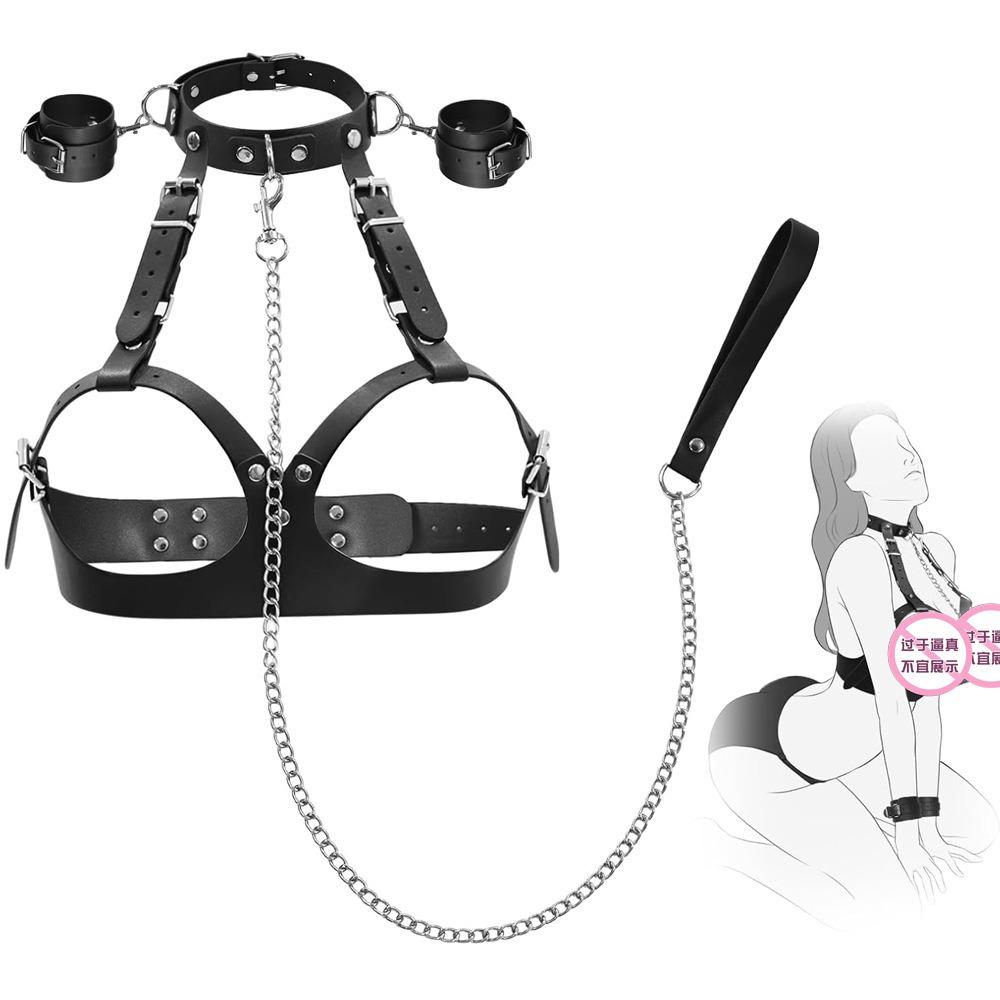 Leather Bondage Chest Harness with Handcuffs BDSM Restraint Lingerie Flirt Sex Toy