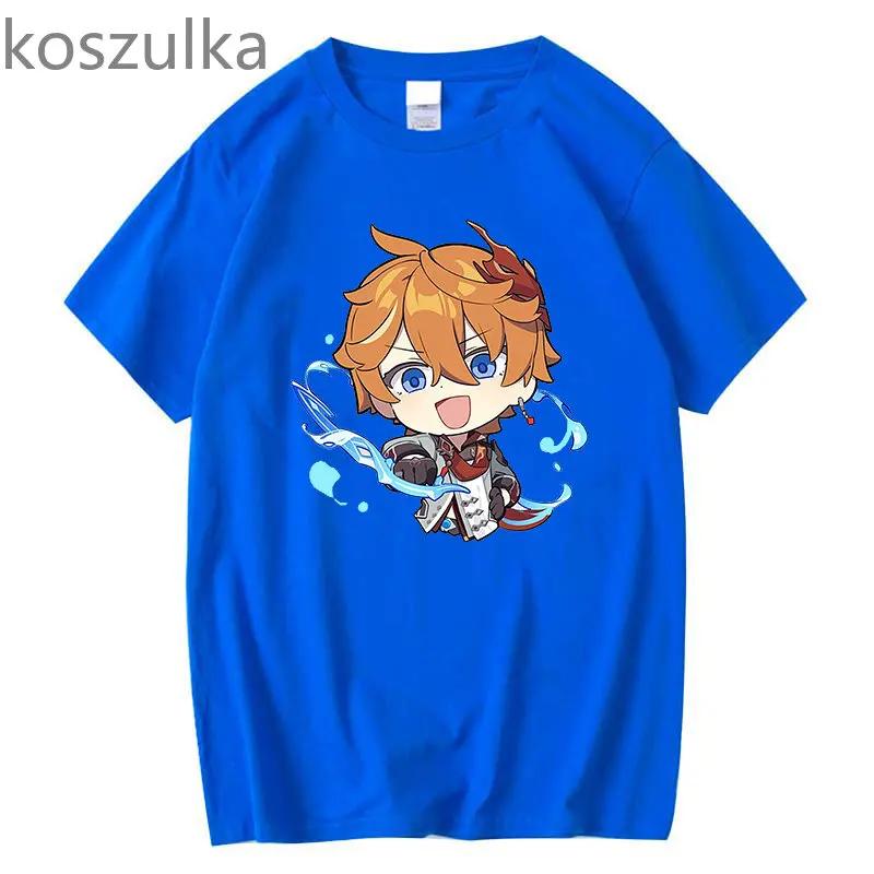 Tartaglia T-Shirt Genshin Impact – Chibi Childe Paar, 100 % Baumwolle, süßer Cartoon-Druck, Damen-Shirt, Sommer, gemütlich, weich, lässige Tops