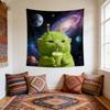 Kawaii Green Alien Cat Tapestry with Cosmic Galaxy Design Wall Hanging for Unique Aesthetic Room Decor