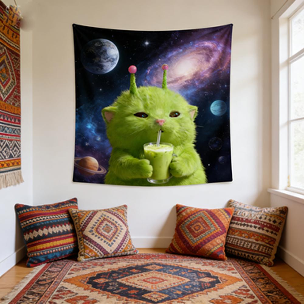 Kawaii Green Alien Cat Tapestry with Cosmic Galaxy Design Wall Hanging for Unique Aesthetic Room Decor