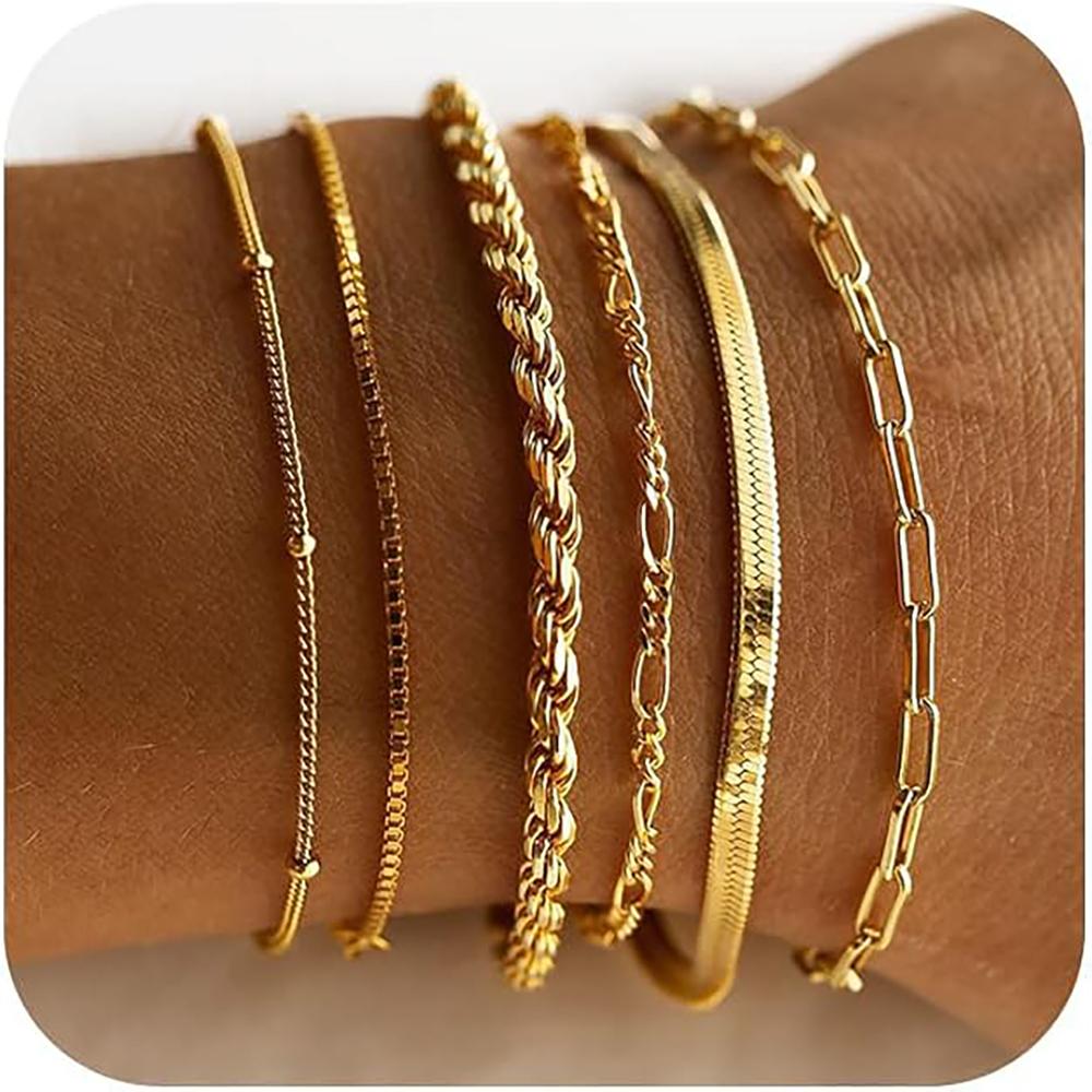 14K Gold Plated Bracelet Set for Women, Dainty Stackable Paperclip & Beaded Chains, Trendy & Waterproof Gift