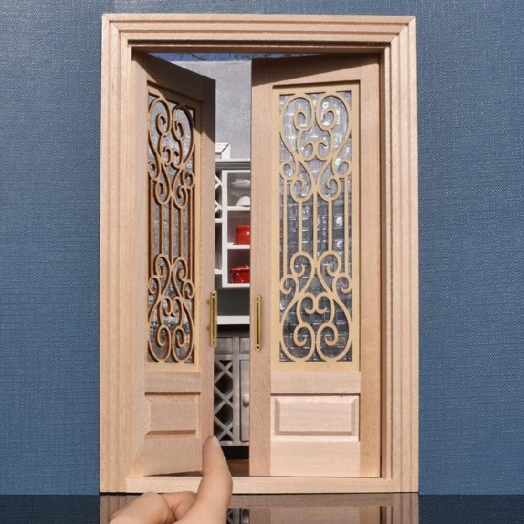 Unpainted Wood Double Hinged Door For Dollhouses Construction 1/12 Scale Miniature Building Accessory