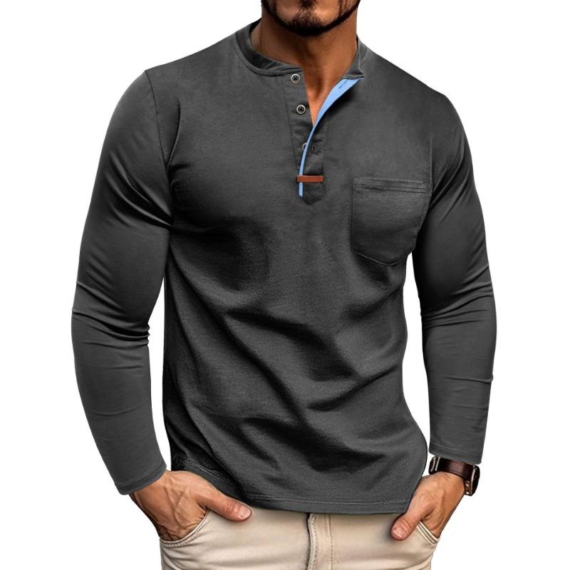 New Long-sleeved Henry Shirt Men's Round Neck T-shirt Color-blocking Fashion Casual Casual