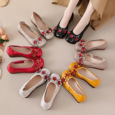 Shallow Single Shoes, Genuine Leather Women's Shoes, Shoes and Flowers, One Pedal, Doudou Round Head Thick Sole, Spring and Autumn Ethnic Style