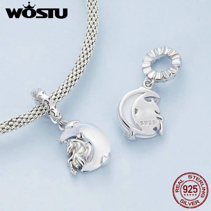 WOSTU Colgantes de unicornio transparente de Plata de Ley 925 con diseño de luna y estrella, aptos para Pulsera Original, regalo de joyería DIY
