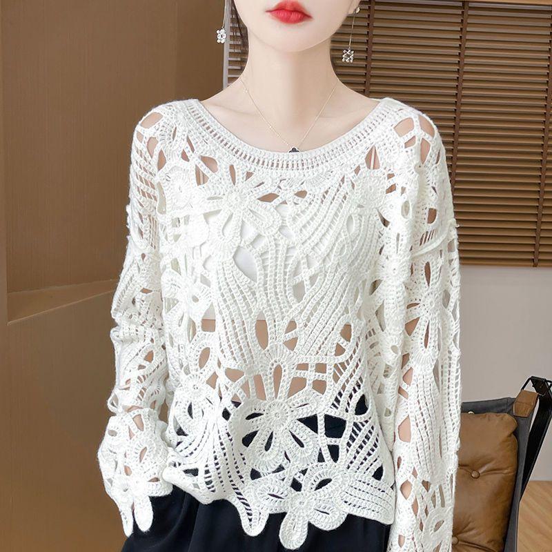 Early Autumn Heavy Industry Crocheted Hollow-Out Pullover Loose Top Long-Sleeved Sunscreen Knitted Blouse