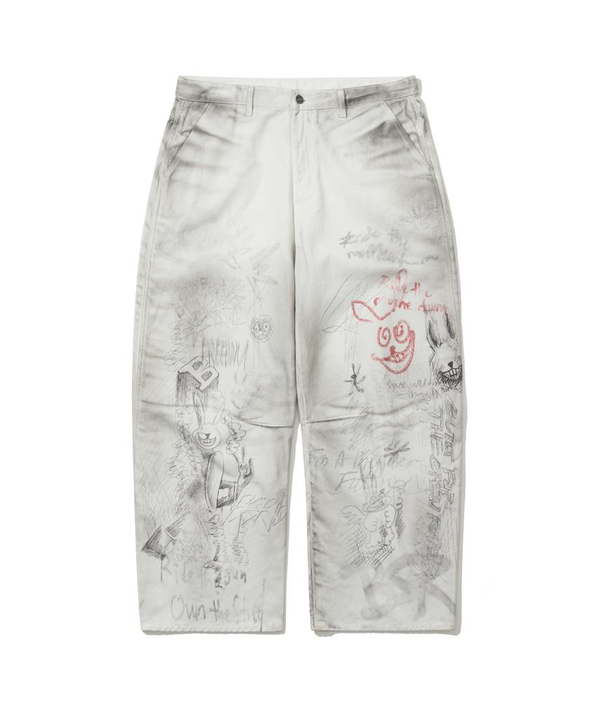 Bieseulaebis Rabbit Graffiti Barrel Rack Vintage Washed Denim Pants White