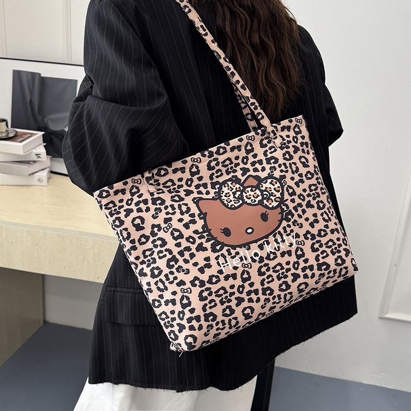 Hello Kitty Leopard Print Canvas Girls Shoulder Bag With Breathable Lightweight Fabric For School And Daily Use