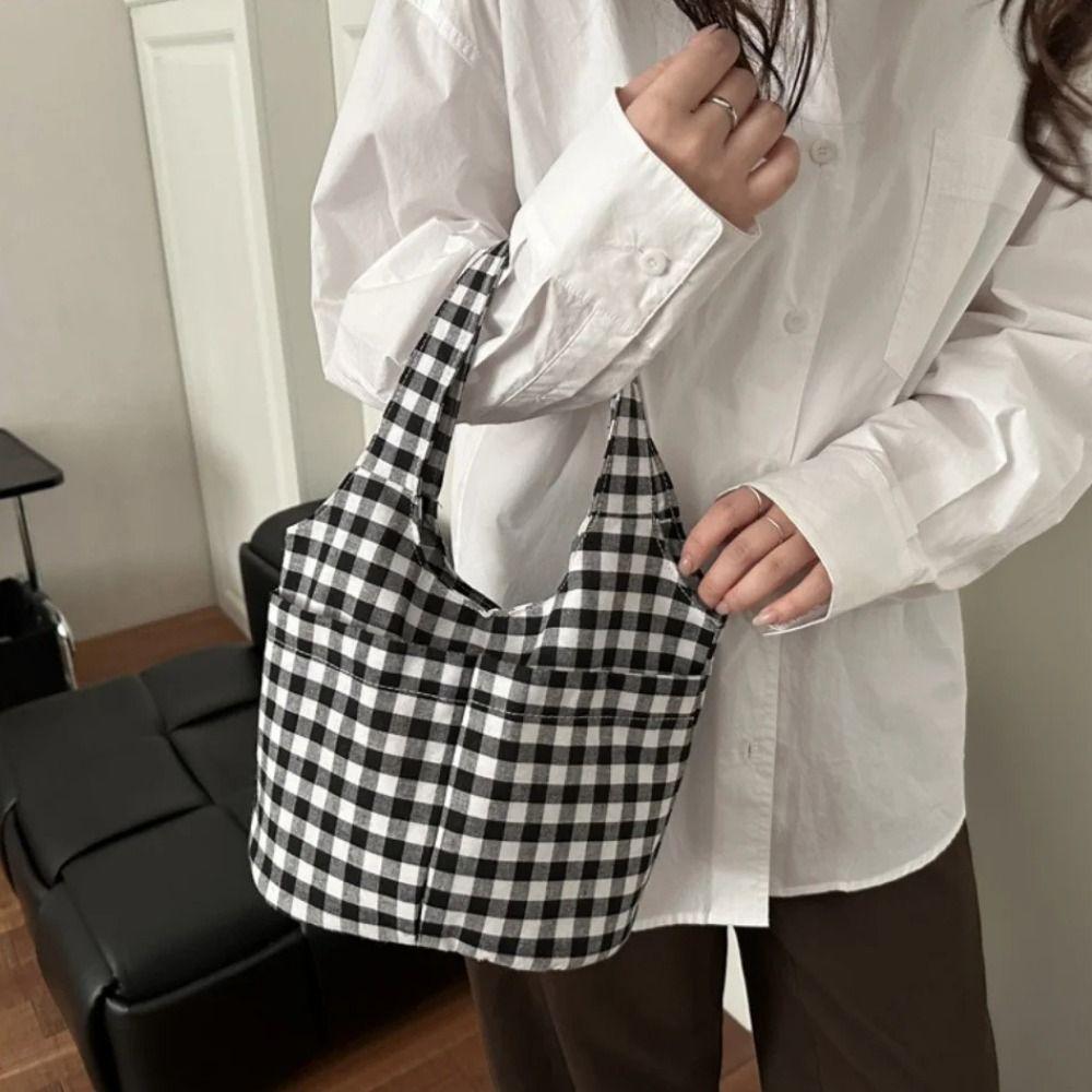 Fashion Red Plaid Tote Bag Large Capacity Shoulder Bag Lightweight Canvas Vest Bag  Storage Bag
