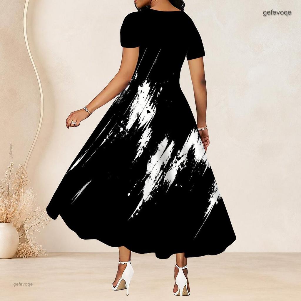 Women Plus Size Round Neck Short Sleeve Printed Gathered Waist A Line Long Dress