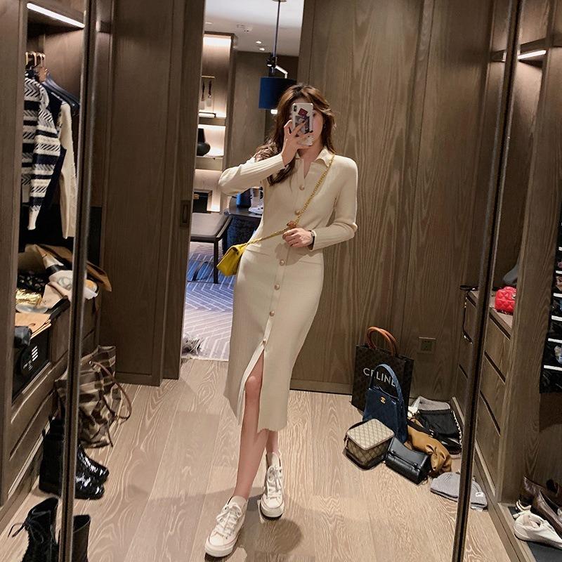 Niche Design, High-end Breasted Knitted Dress, Autumn and Winter Models, Waist-closed and Thin-bottomed Sweater Skirt