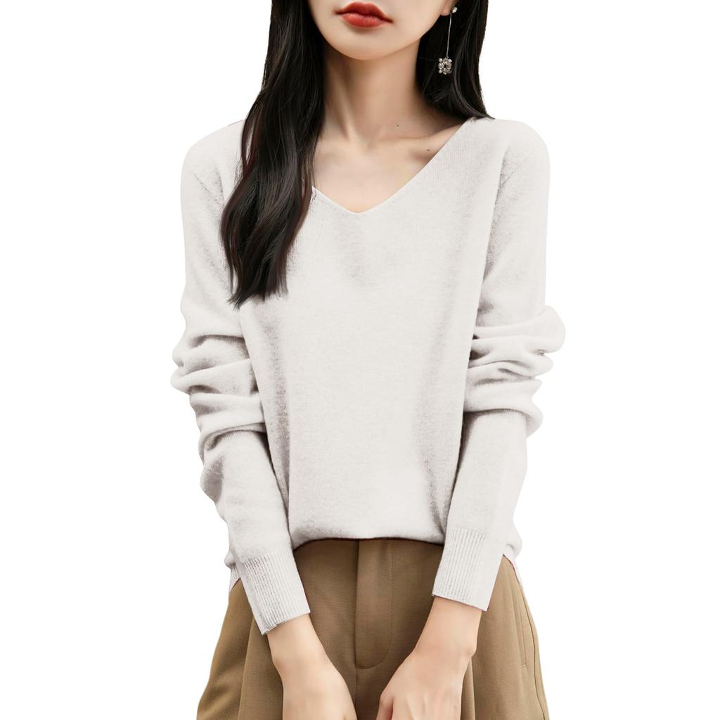 Women's Fashion Flat-Knit V-Neck Pullover Sweater Solid Color Long-Sleeve Top