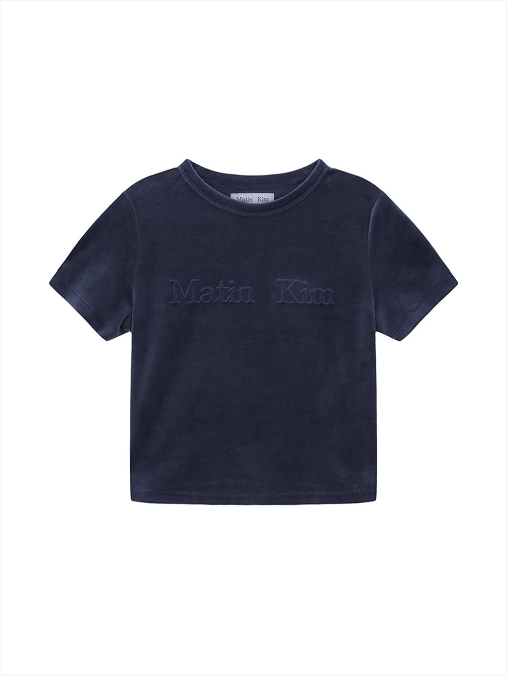 [Matinkim] Logo Emboss Velvet Crop Top in Smoke Blue S-SMOKE BLUE