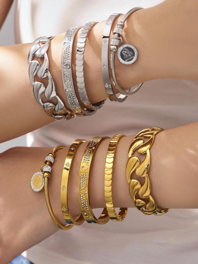 18K Gold-Plated Stainless Steel Round Pendant Bracelet with Zircon Inlay for Women - Popular European & American Style