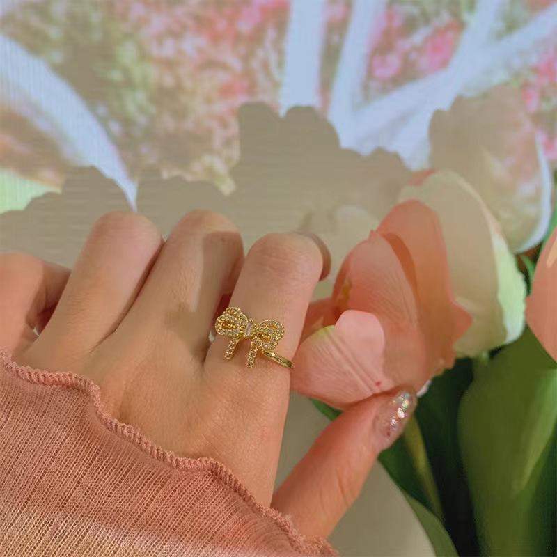 Delicate Full Diamond Bow Ring Women'S Niche Design Trendy Open Index Finger Fashion Personalized Ring