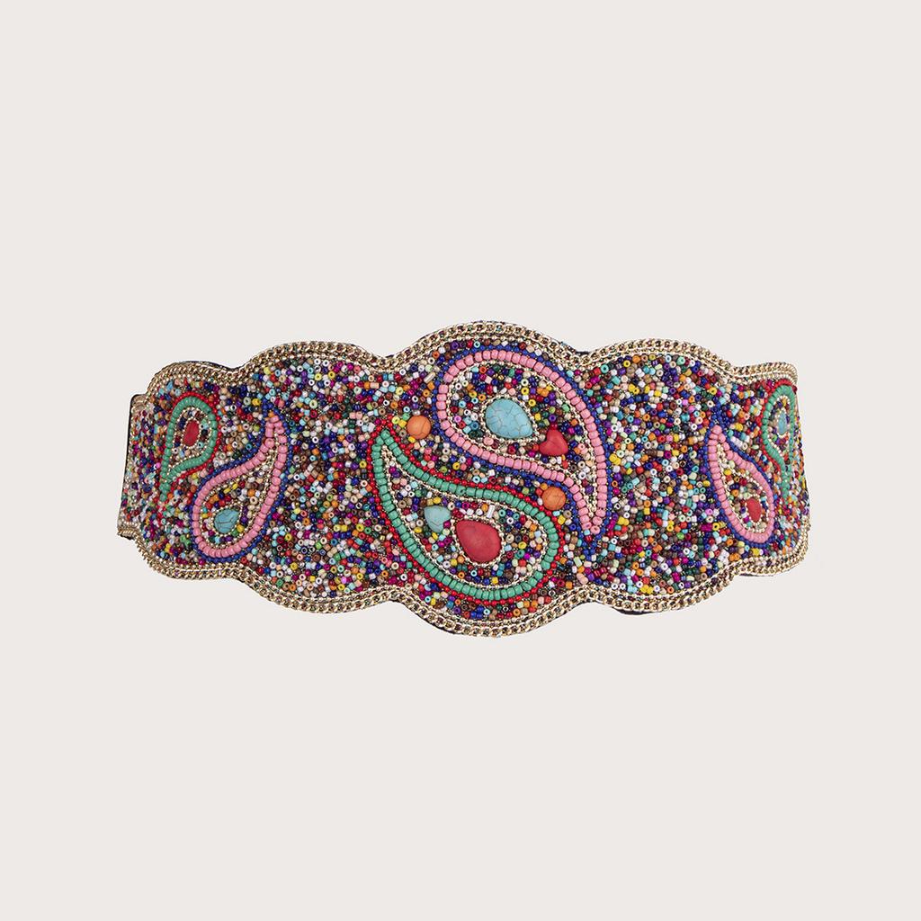New Taiji Pattern Bead Elastic Buckle Waist Belt, Heavy Industry Bohemian Ethnic Style Women's Belt
