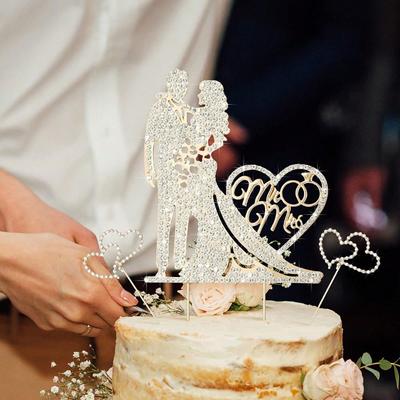 3 Pack Mr and Mrs Cake Topper Rhinestone Metal Love Wedding Cake Topper Anniversary Party Cake Decoration Gold