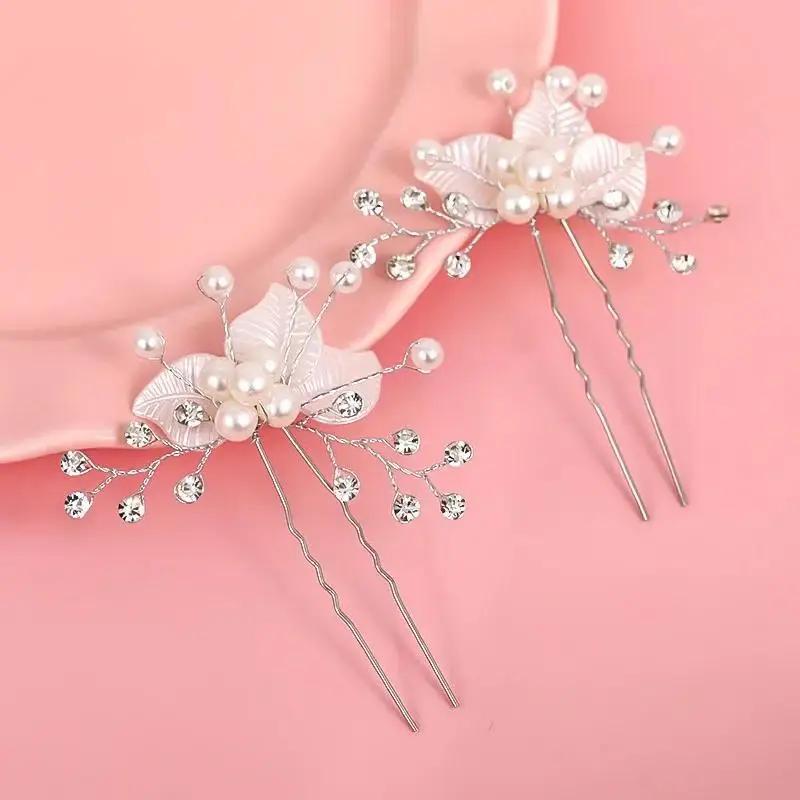 1Pair Wedding Bridal Bridesmaid Pearl Crystal Leaf Headpiece Hair Pin Hairpin Pearl Headwear Hairpin Ornaments Fashion Accessory