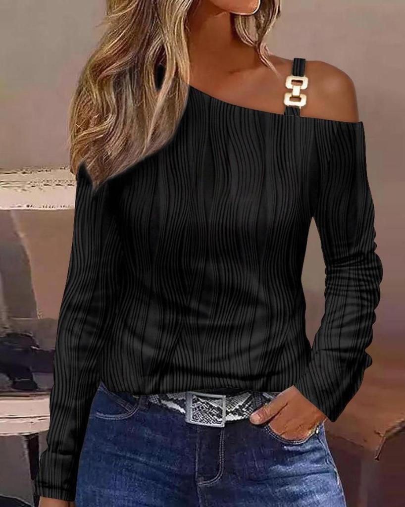 2026 Autumn Metal Buckle One-Shoulder Blouse for Women