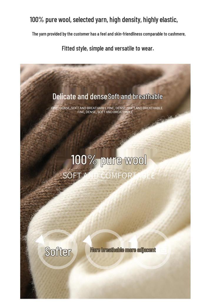 Women's 100% Wool Round Neck Sweater - Autumn/Winter Style, Long Sleeve, Loose Fit, Versatile Short Knit Base Layer