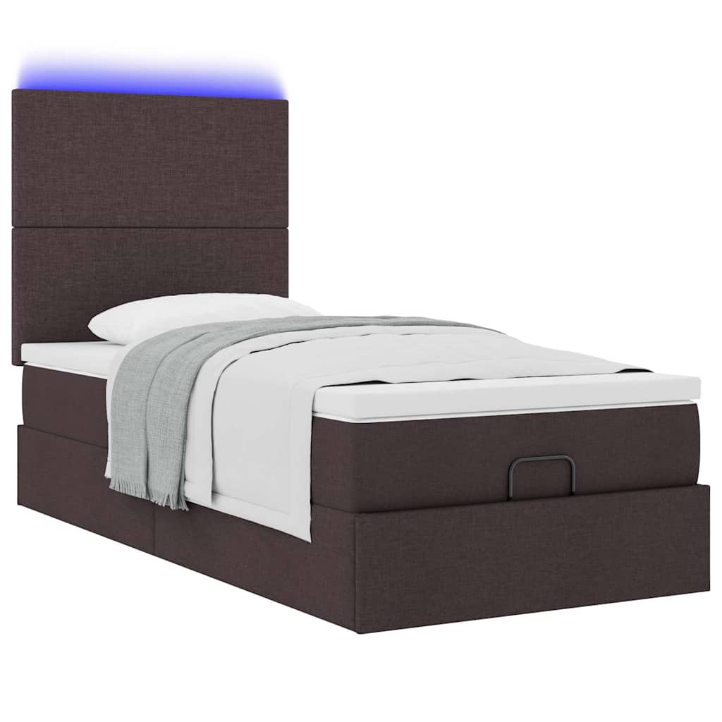 Enjoy Restful Nights with This Ottoman Bed with Mattress and LEDs In Dark Brown 100 X 200 Cm Fabric