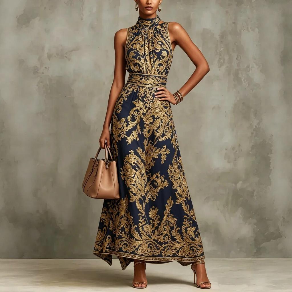 Damen High Neck Ärmelloses Maxikleid mit Barockdruck Schmal geschnitten Hohe Taille Elegant Party Abendkleid