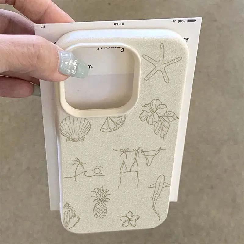 Summer Beach Line Art Doodle Pattern Design Protective Cover for iPhone 17 16 15 14 13 12 11 16E Series Pro Max Plus