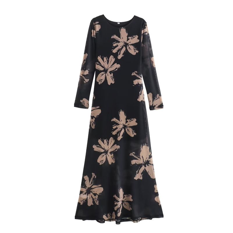 

Kaslead New Arrival Women s Clothing Fashion Style Fashion Silm Print Mesh Cinched Hip Bag Long Sleeves Dress Image color L