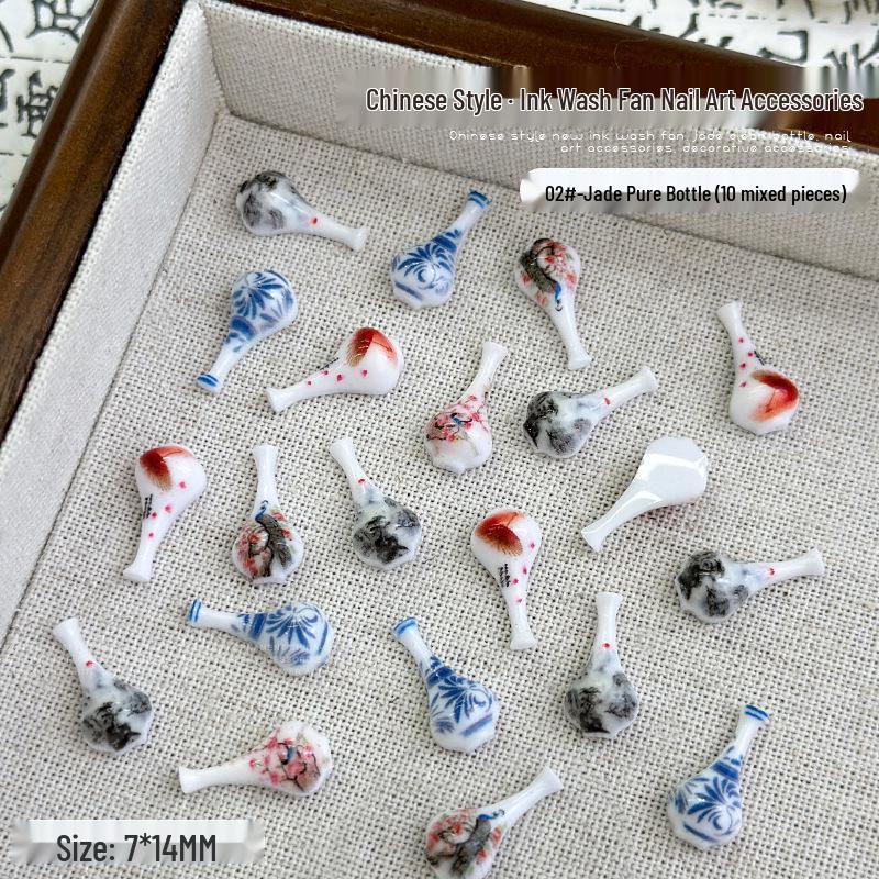 Ancient Jade Fan & Vase Nail Art Accessories with Ink Wash Rhinestones