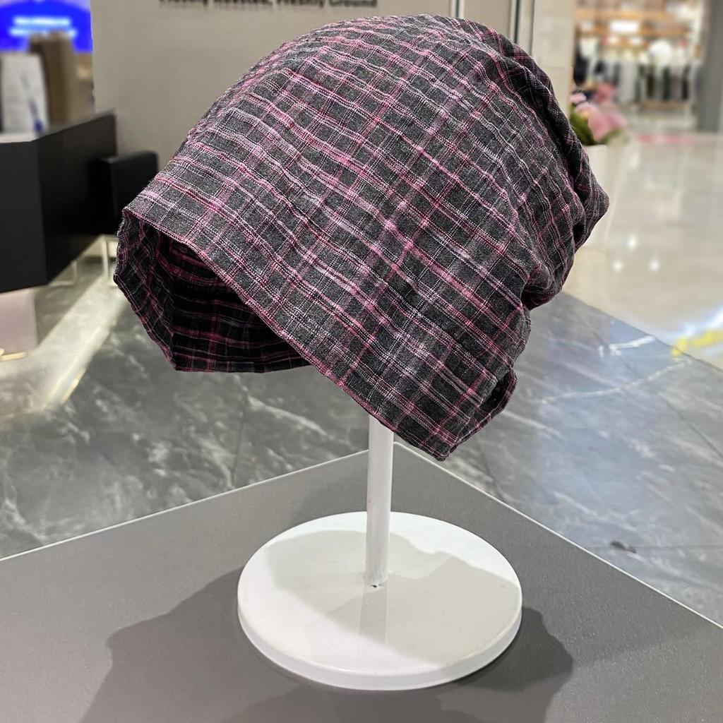 European & Korean Plaid Head Wrap: Wasteland Style, Loose Slouchy Beanie for Large Head Circumference, Trendy Hot Girl Bandana Hat.