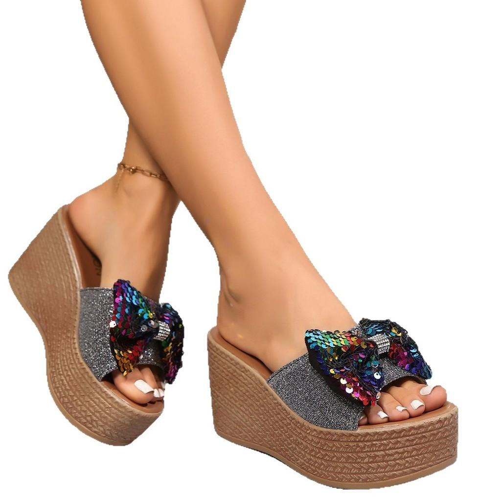 Summer Womens Flip Flops With Glitter Butterfly Bow Pu Rubber Sole Casual Flat Sandals For Large Sizes