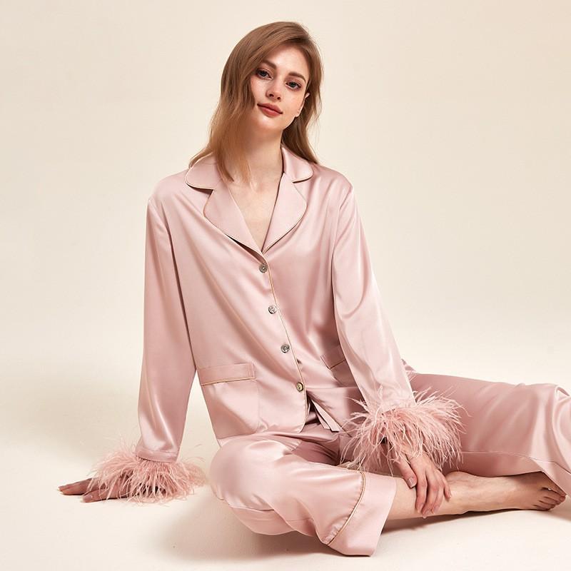 Set Pigiama da Donna in Raso con Collo Manica Lunga Pantaloni Seta di Ghiaccio Leggero Pigiama Loungewear per la Casa