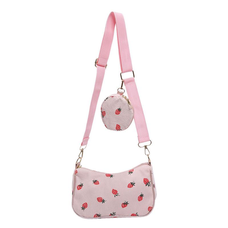 Corduroy Strawberry Print Shoulder Bag Fashion Girl Pillow Bag For Daily Casuals