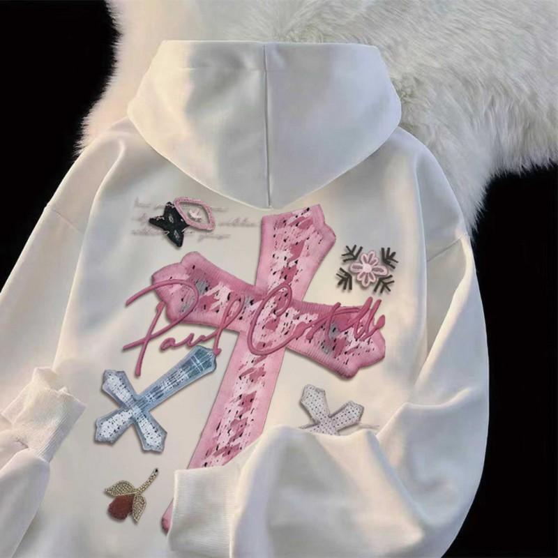 Gothic Pink Cross Print Hoodie Oversized