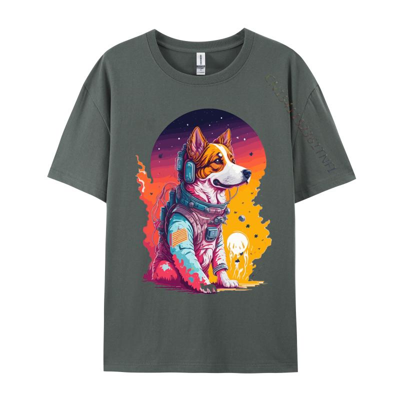 Hunde Astronauten Sonnenuntergang T-Shirt Druck Premium Baumwolle Rundhals Herren T-Shirts Hundeshirt Für Jungs Grafikshirts Herren