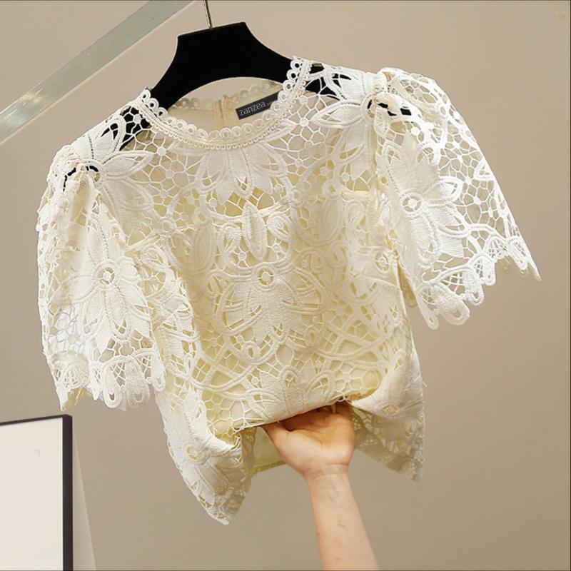 

ZANZEA Женская повседневная блузка с круглым вырезом и короткими рукавами, с ажурной кружевной вязкой крючком 5XL