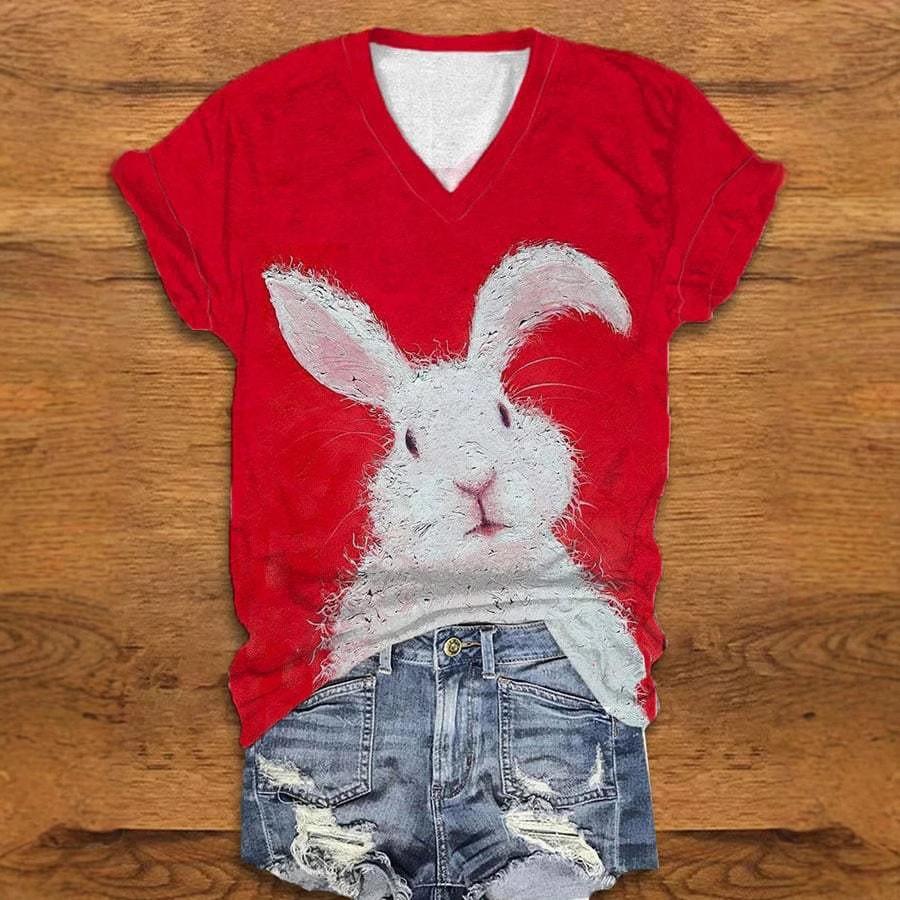 

Летний топ с V-образным вырезом и 3D-принтом с кроликом, модная повседневная женская футболка с коротким рукавом M