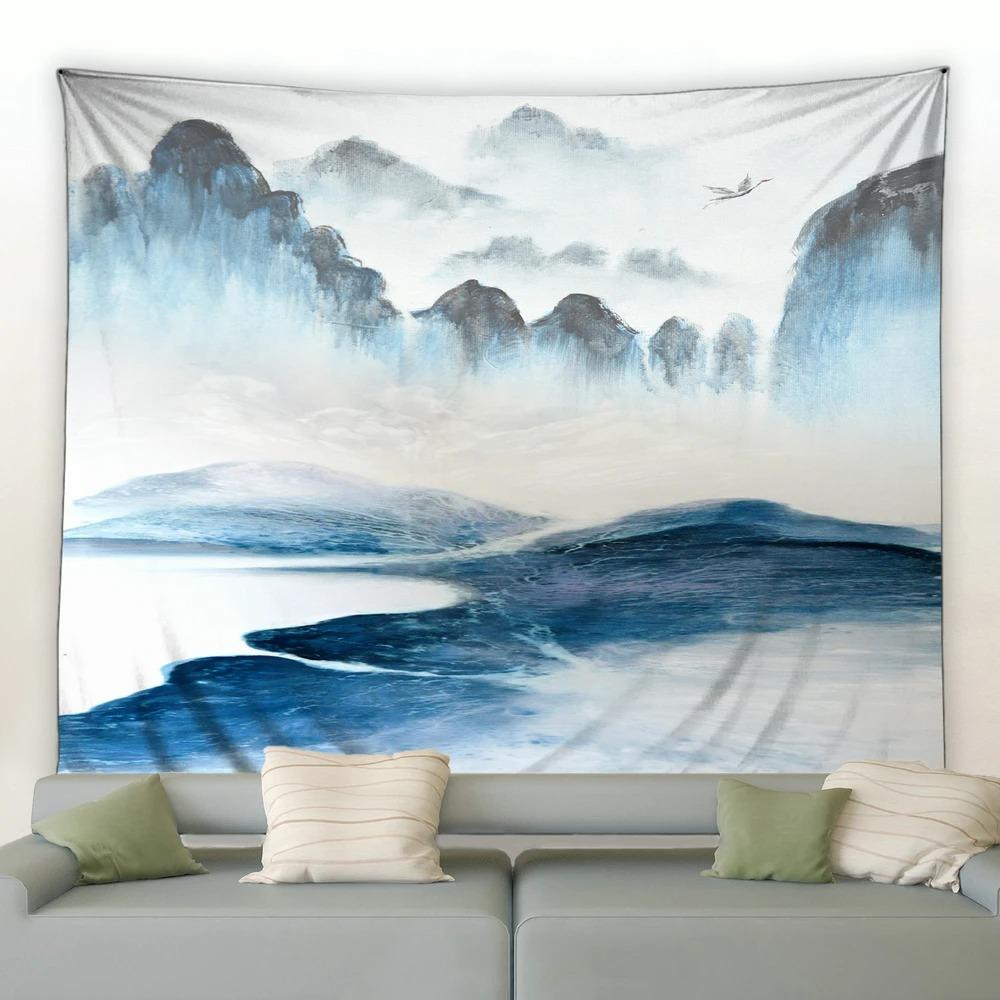 

Китайский стиль Живопись тушью Горный пейзаж Гобелен Спальня Гостиная Гобелен Украшение стены дома Гобелен 150x100cm