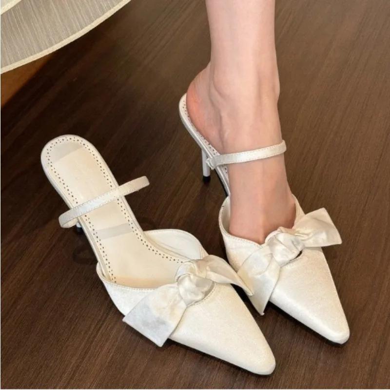 New Female Pointed Toe Ladies Low Heel Pumps Shoes Slip on Footwear Shallow Fashion Butterfly-Knot Women Thin Heels Shoes Slides