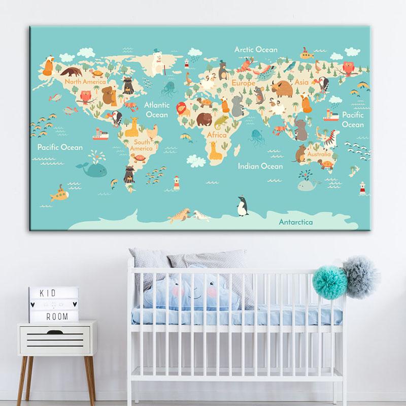 Cartoon Ocean Animal World Map Wall Art Canvas Painting Nordic Posters And Prints Nursery Wall Pictures For Kids Room Decoration